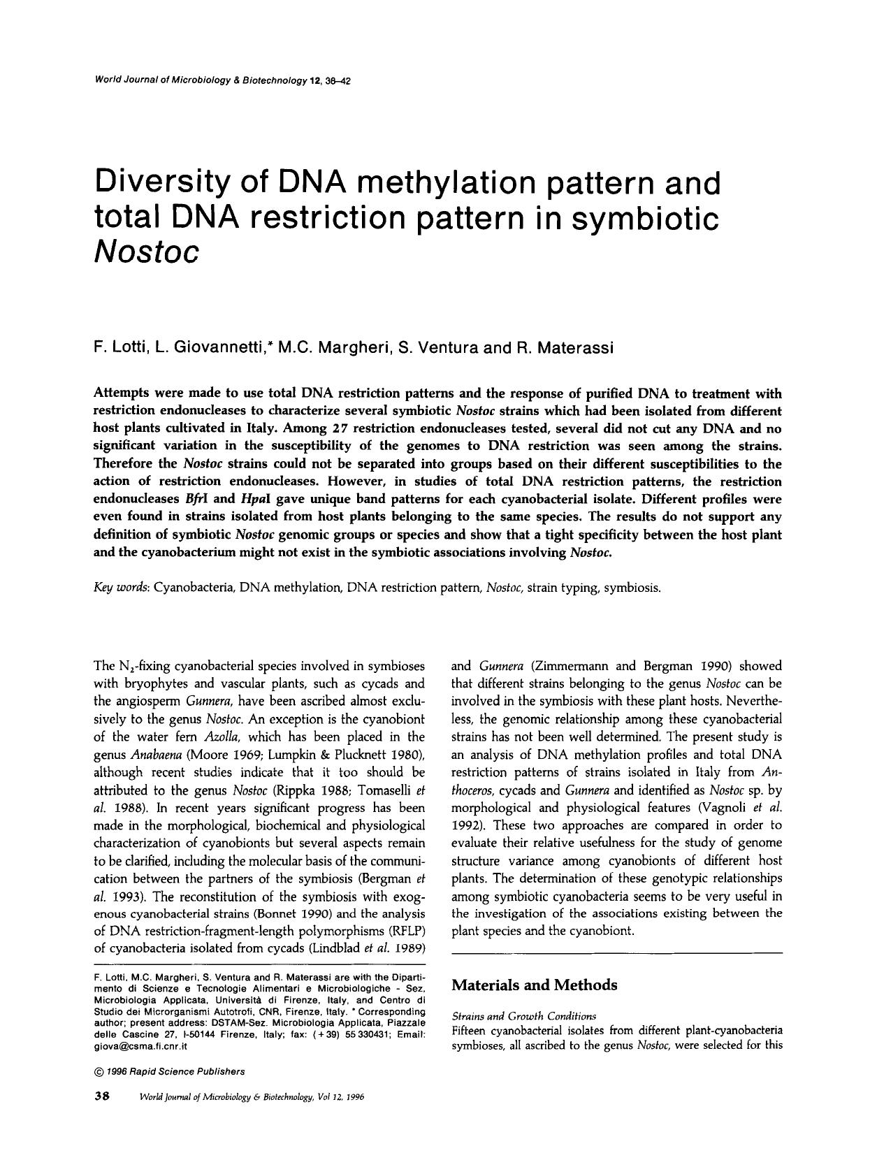 Diversity of DNA methylation pattern and total DNA restriction pattern in symbiotic <Emphasis Type="Italic">Nostoc<Emphasis> by Unknown
