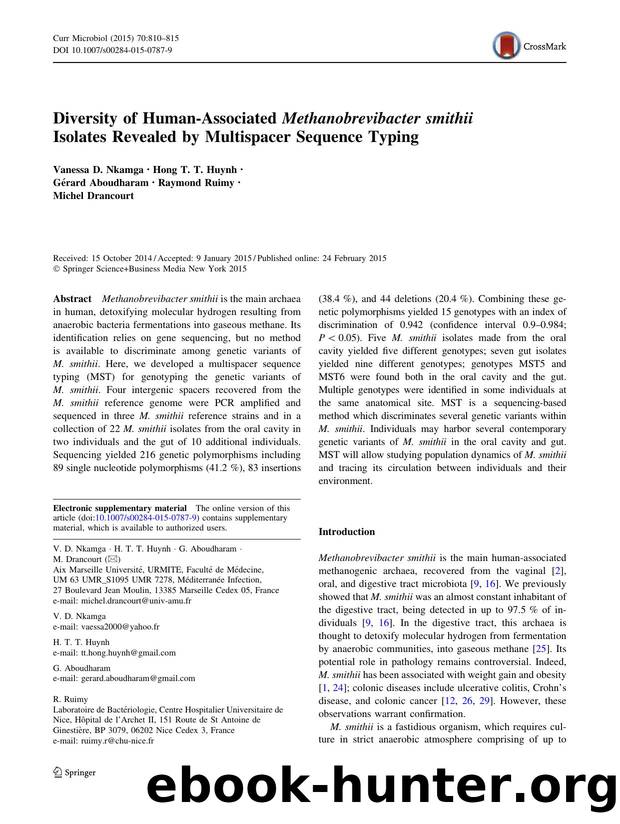 Diversity of Human-Associated Methanobrevibacter smithii Isolates Revealed by Multispacer Sequence Typing by Vanessa D. Nkamga & Hong T. T. Huynh & Gérard Aboudharam & Raymond Ruimy & Michel Drancourt