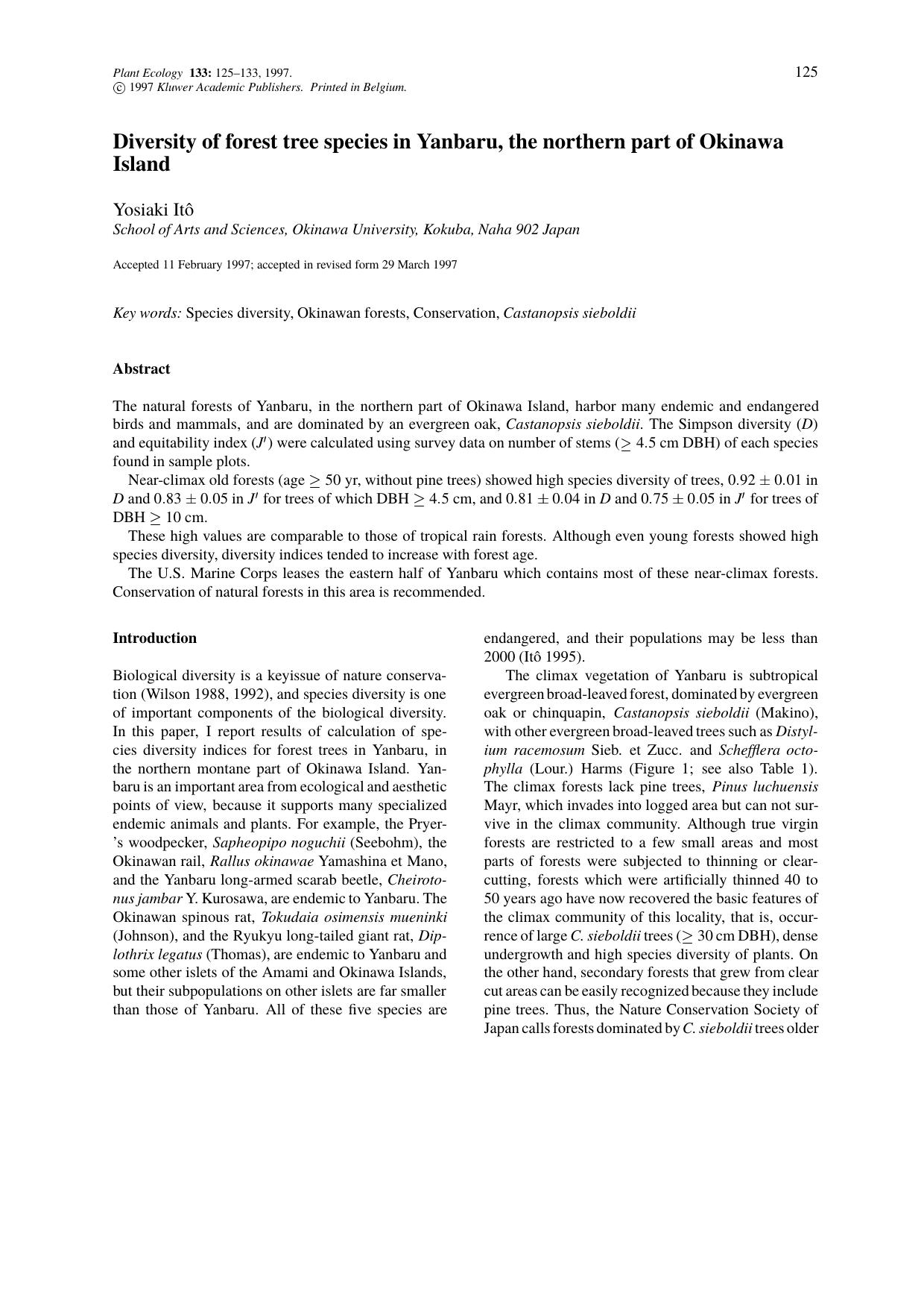Diversity of forest tree species in Yanbaru, the northern part of Okinawa Island by Unknown