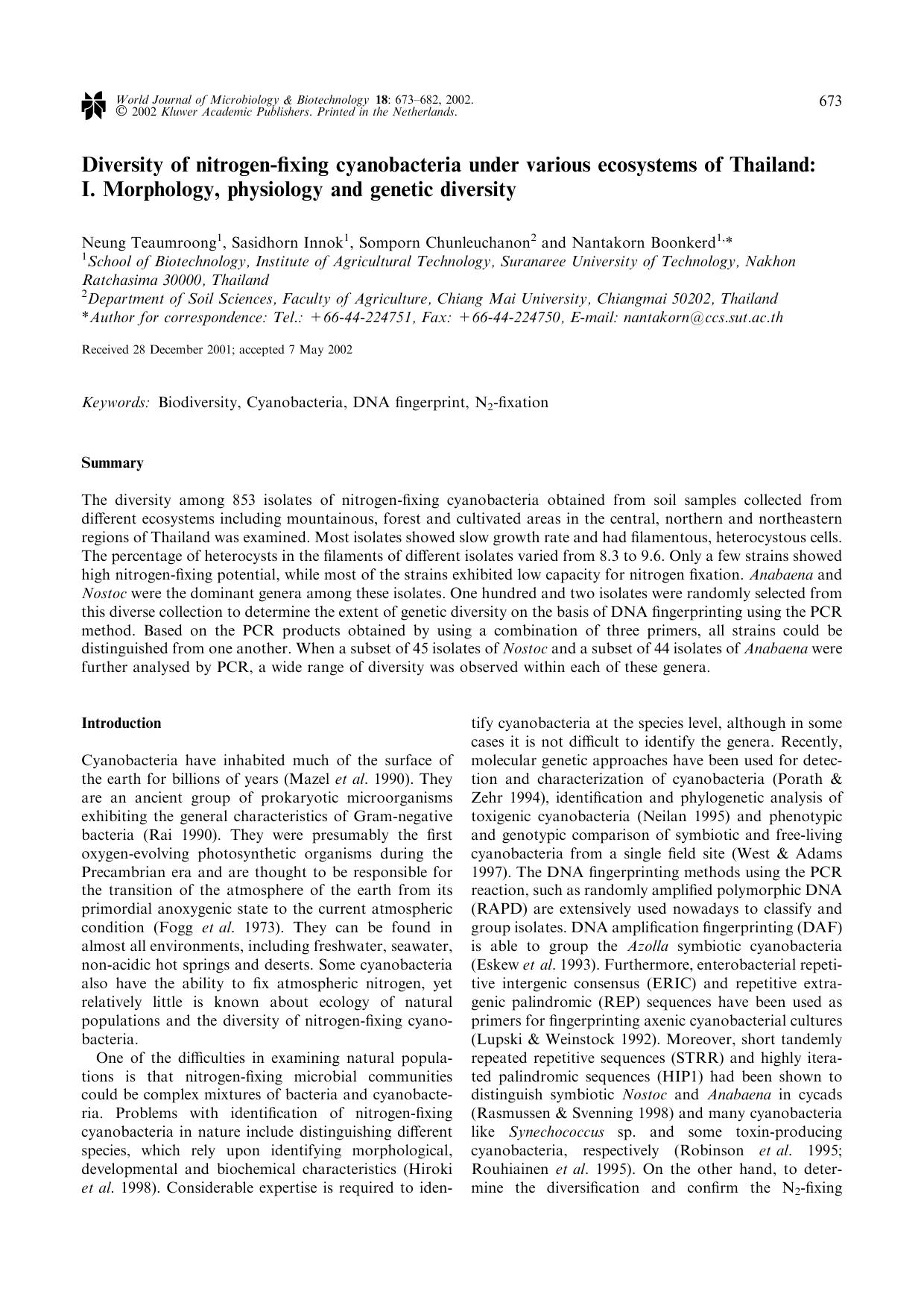 Diversity of nitrogen-fixing cyanobacteria under various ecosystems of Thailand: I. Morphology, physiology and genetic diversity by Unknown