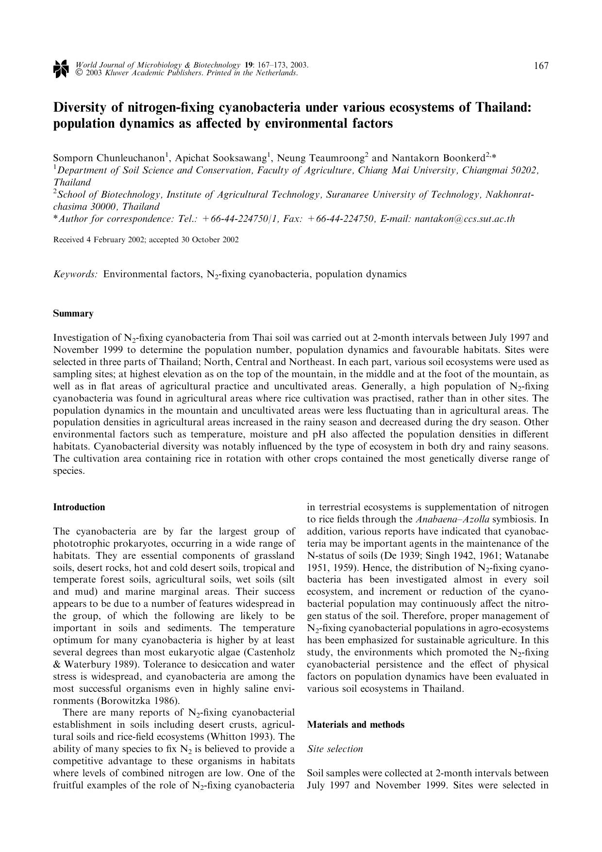Diversity of nitrogen-fixing cyanobacteria under various ecosystems of Thailand: population dynamics as affected by environmental factors by Unknown