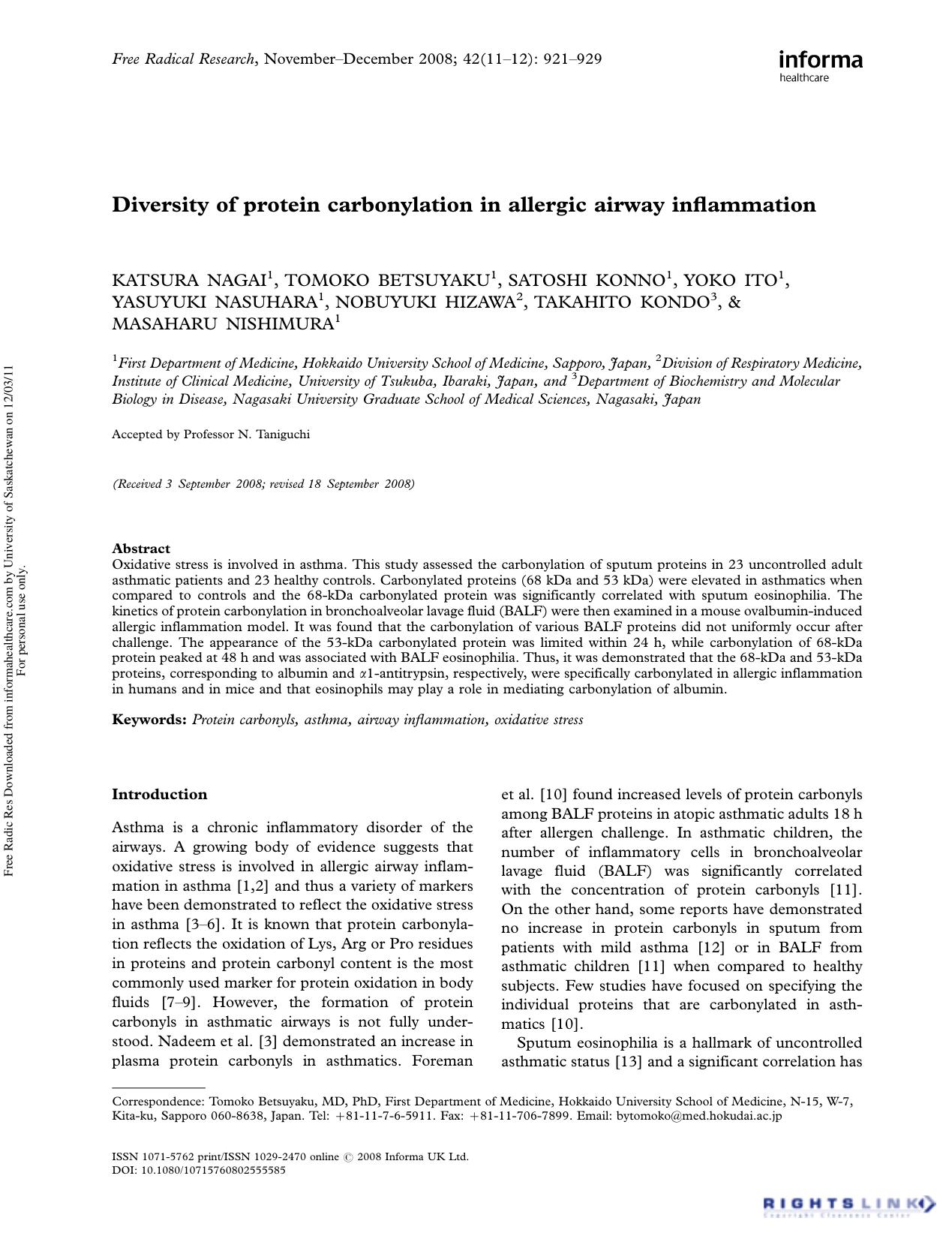 Diversity of protein carbonylation in allergic airway inflammation by unknow