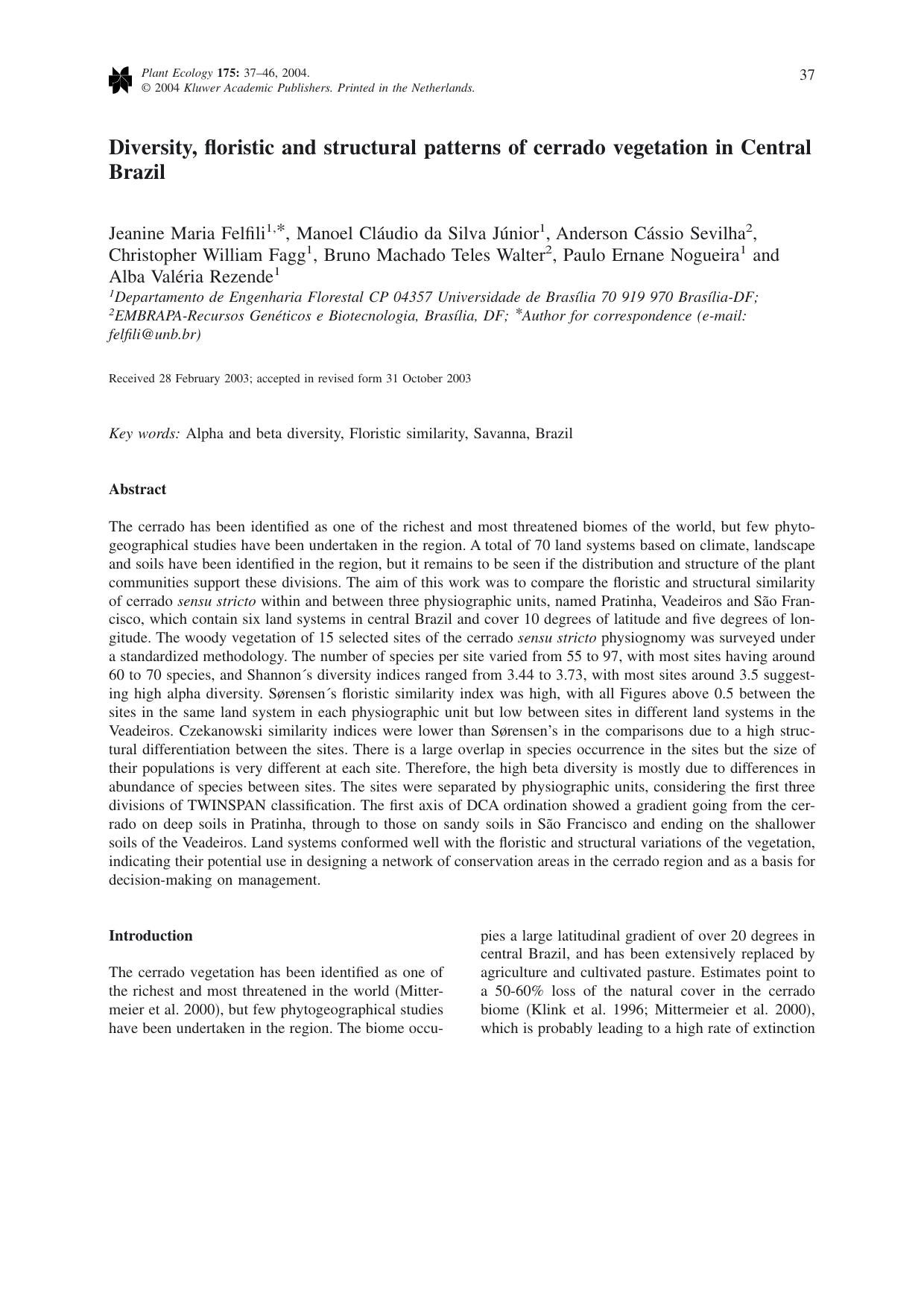 Diversity, floristic and structural patterns of cerrado vegetation in Central Brazil by Unknown