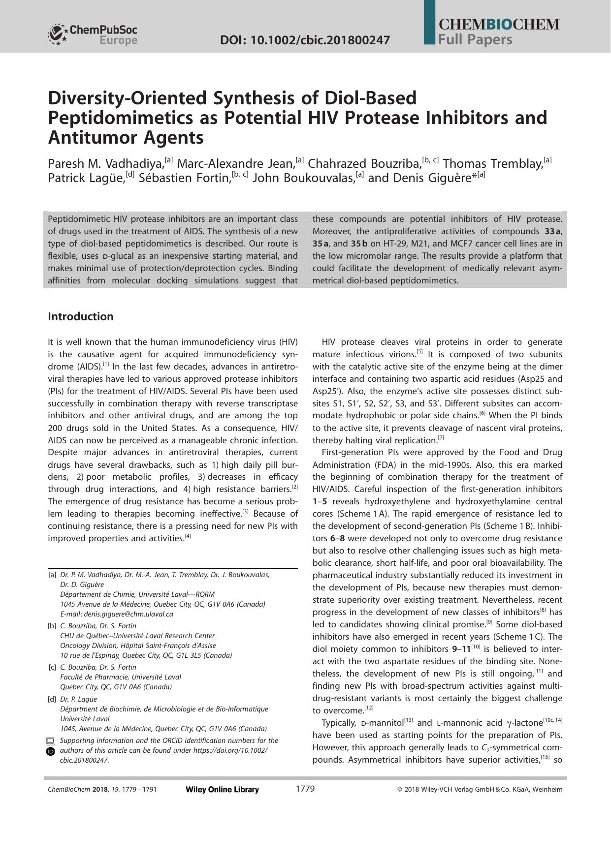 DiversityâOriented Synthesis of DiolâBased Peptidomimetics as Potential HIV Protease Inhibitors and Antitumor Agents by Unknown