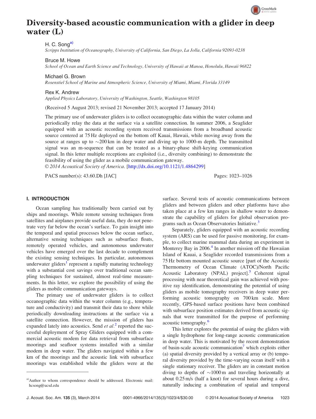 Diversity-based acoustic communication with a glider in deep water (L) by H. C. Songa) Bruce M. Howe Michael G. Brown and Rex K. Andrew