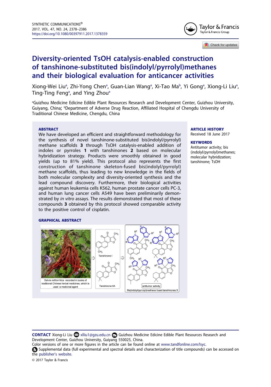 Diversity-oriented TsOH catalysis-enabled construction of tanshinone-substituted bis(indolylpyrrolyl)methanes and their biological evaluation for anticancer activities by Xiong-Wei Liu