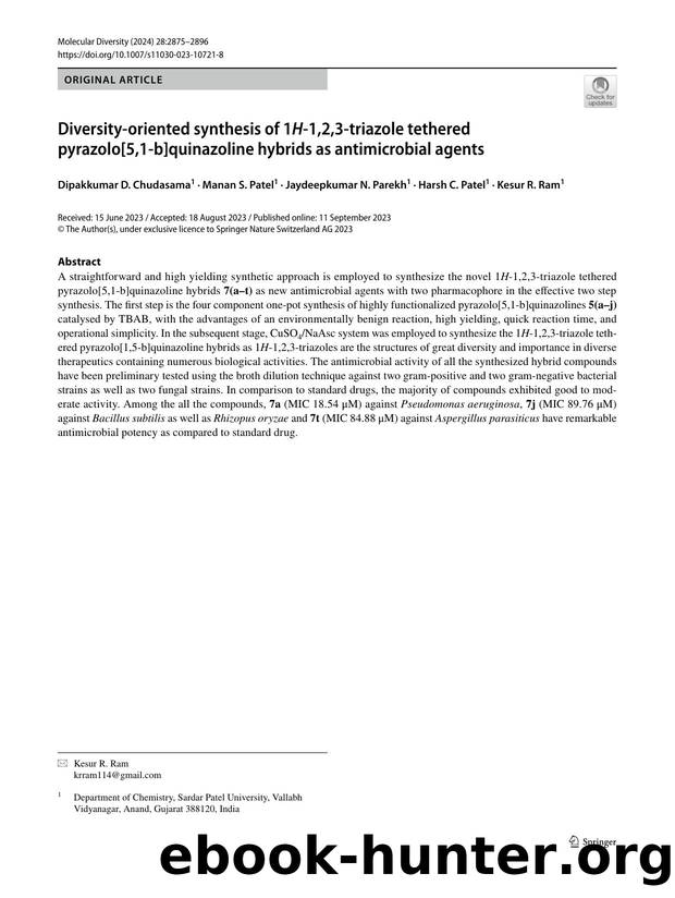 Diversity-oriented synthesis of 1H-1,2,3-triazole tethered pyrazolo[5,1-b]quinazoline hybrids as antimicrobial agents by unknow