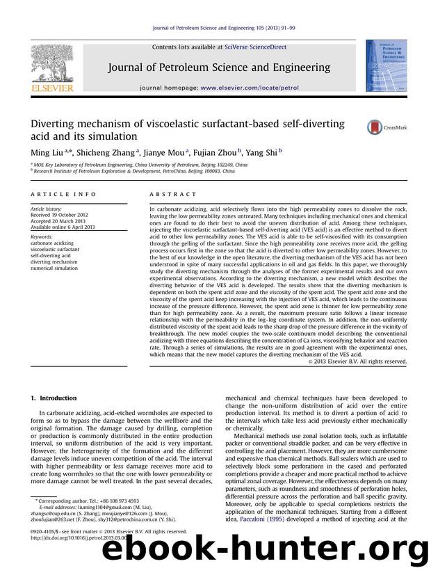 Diverting mechanism of viscoelastic surfactant-based self-diverting acid and its simulation by Ming Liu & Shicheng Zhang & Jianye Mou & Fujian Zhou & Yang Shi