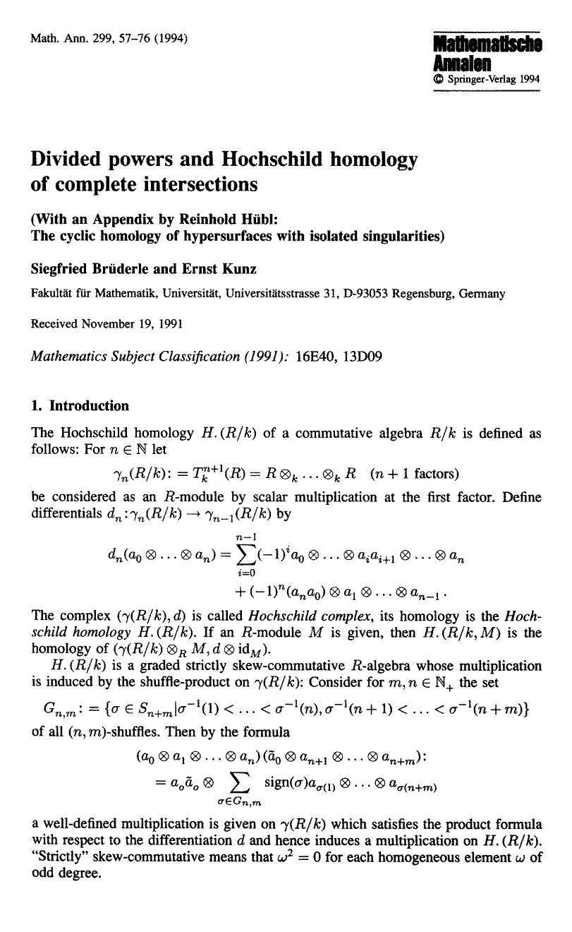 Divided powers and Hochschild homology of complete intersections by Unknown