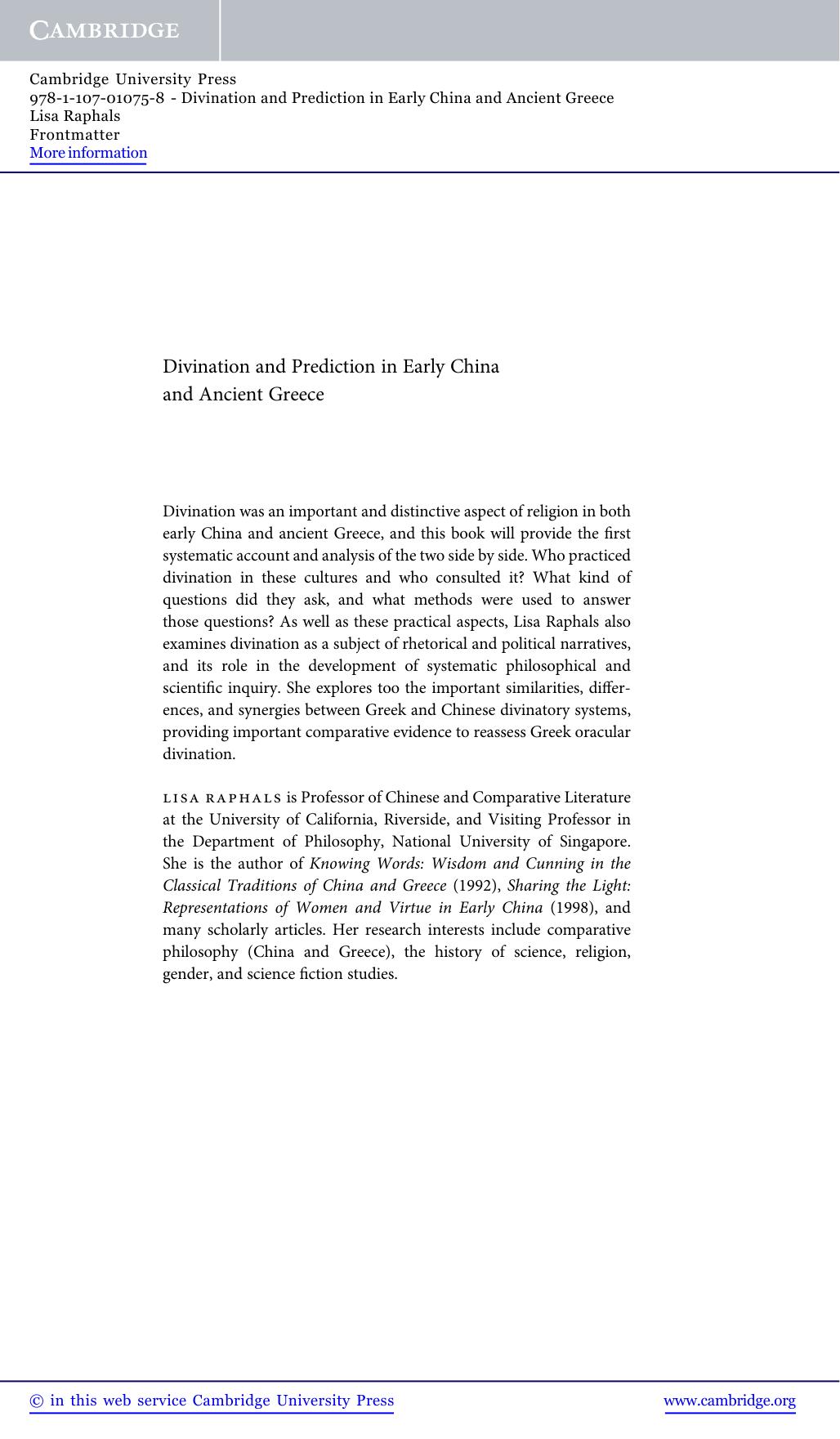 Divination and Prediction in Early China and Ancient Greece by Lisa Raphals