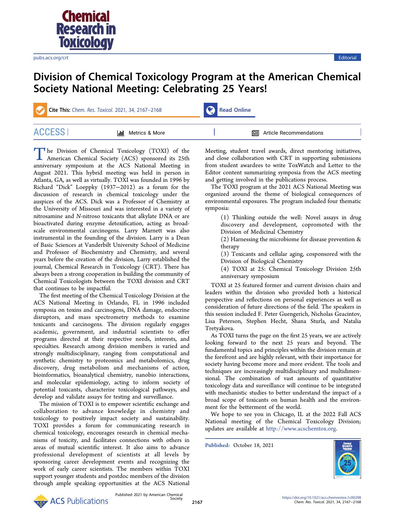 Division of Chemical Toxicology Program at the American Chemical Society National Meeting: Celebrating 25 Years! by Penny J. Beuning and Michael A. Trakselis