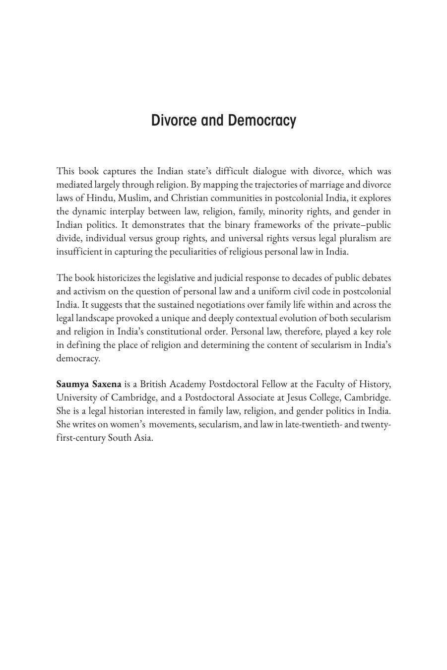 Divorce and Democracy: A History of Personal Law in Post-Independence India by Saumya Saxena