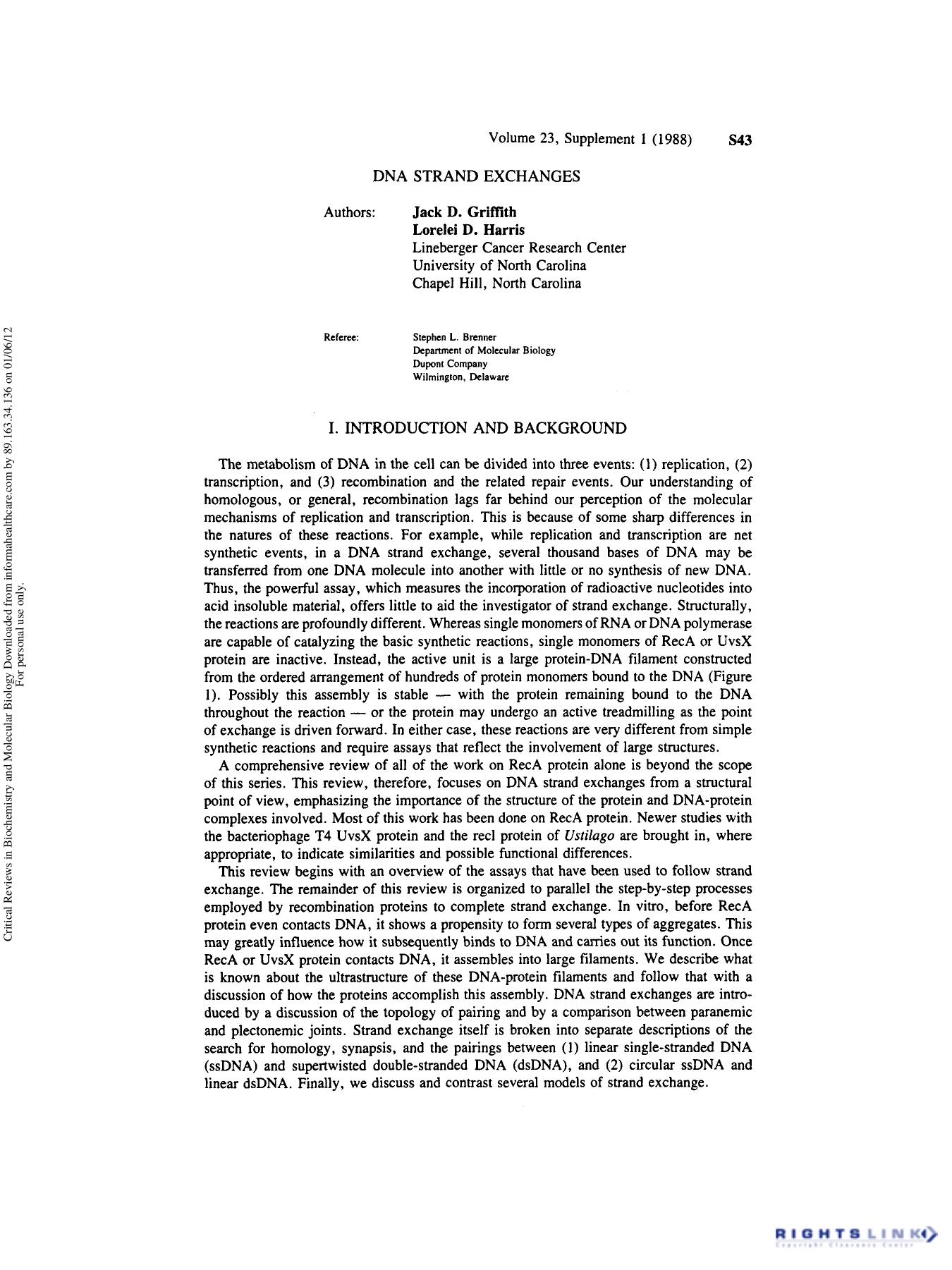 Dna Strand Exchange by Jack D. Griffith Lorelei D. Harris & Stephen L. Brenner