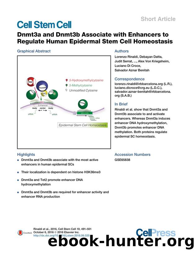 Dnmt3a and Dnmt3b Associate with Enhancers to Regulate Human Epidermal Stem Cell Homeostasis by unknow