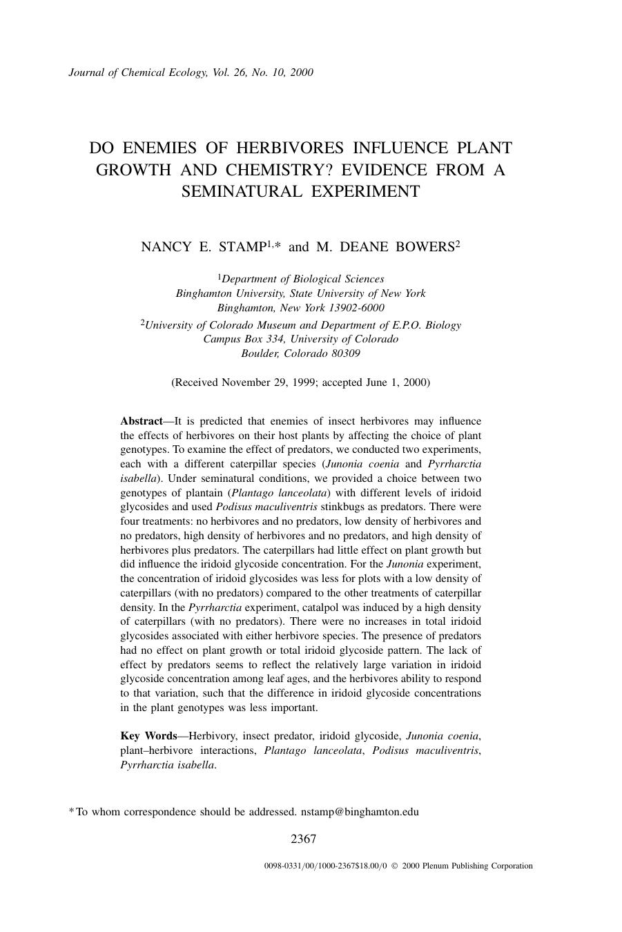 Do Enemies of Herbivores Influence Plant Growth and Chemistry? Evidence from a Seminatural Experiment by Unknown
