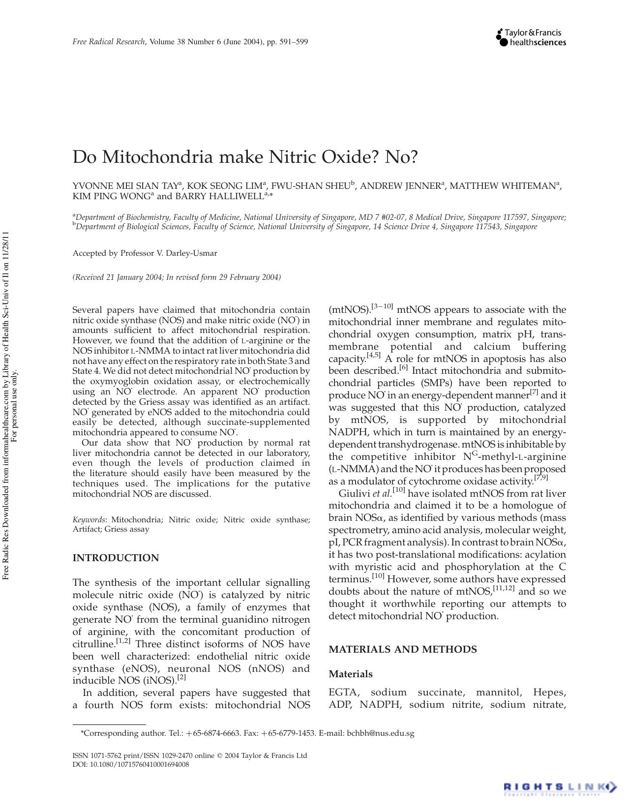Do Mitochondria make Nitric Oxide? No? by unknow