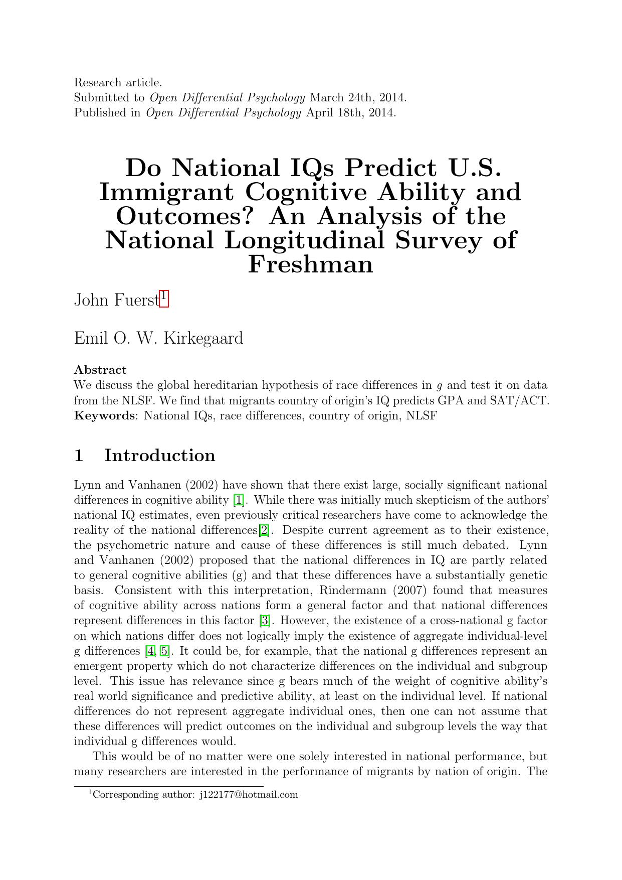 Do National IQs Predict U.S. Immigrant Cognitive Ability and Outcomes by unknow