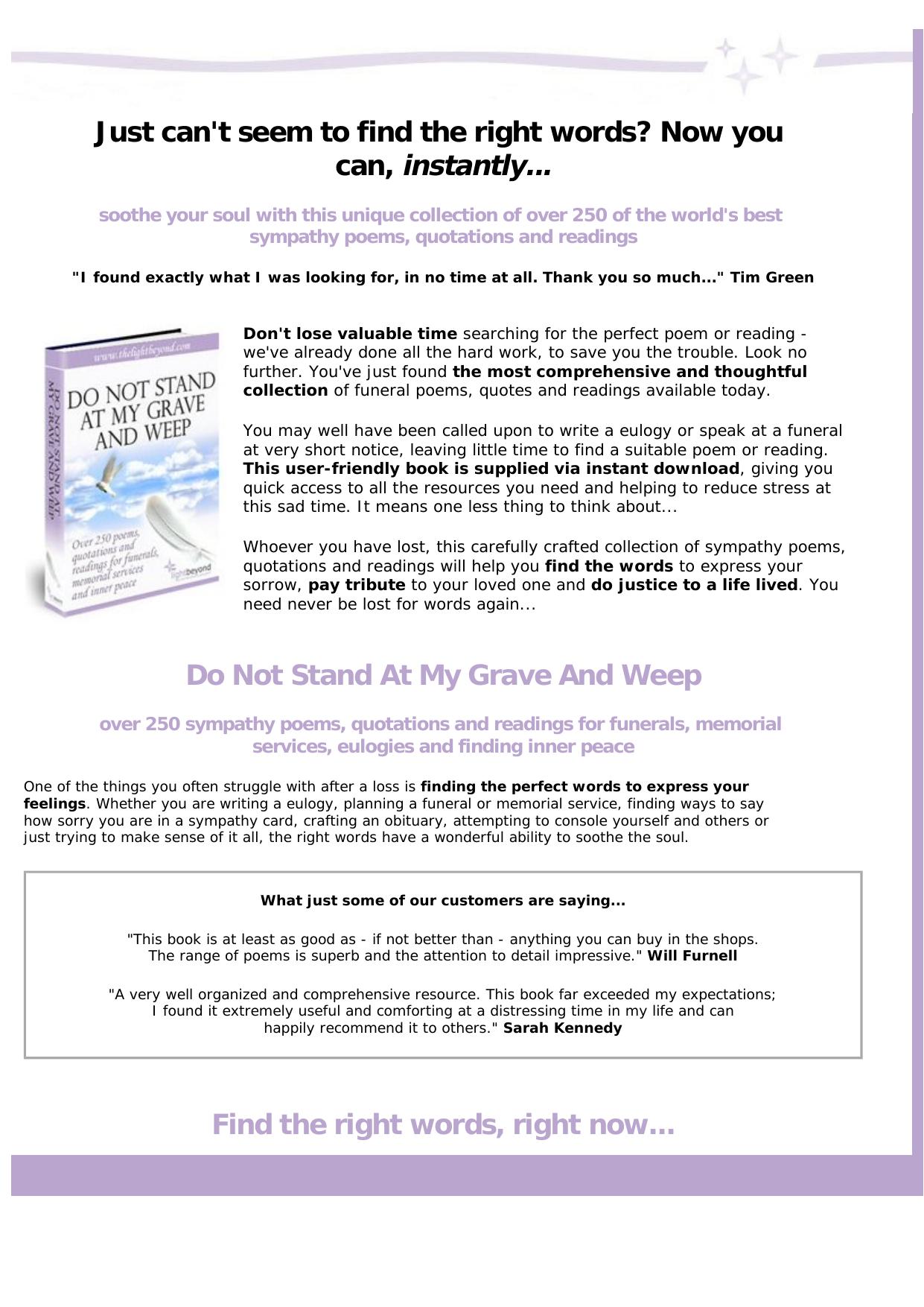 Do Not Stand At My Grave And Weep- Over 250 Funeral Poems And Readings. by Best of Kuszter's Collection