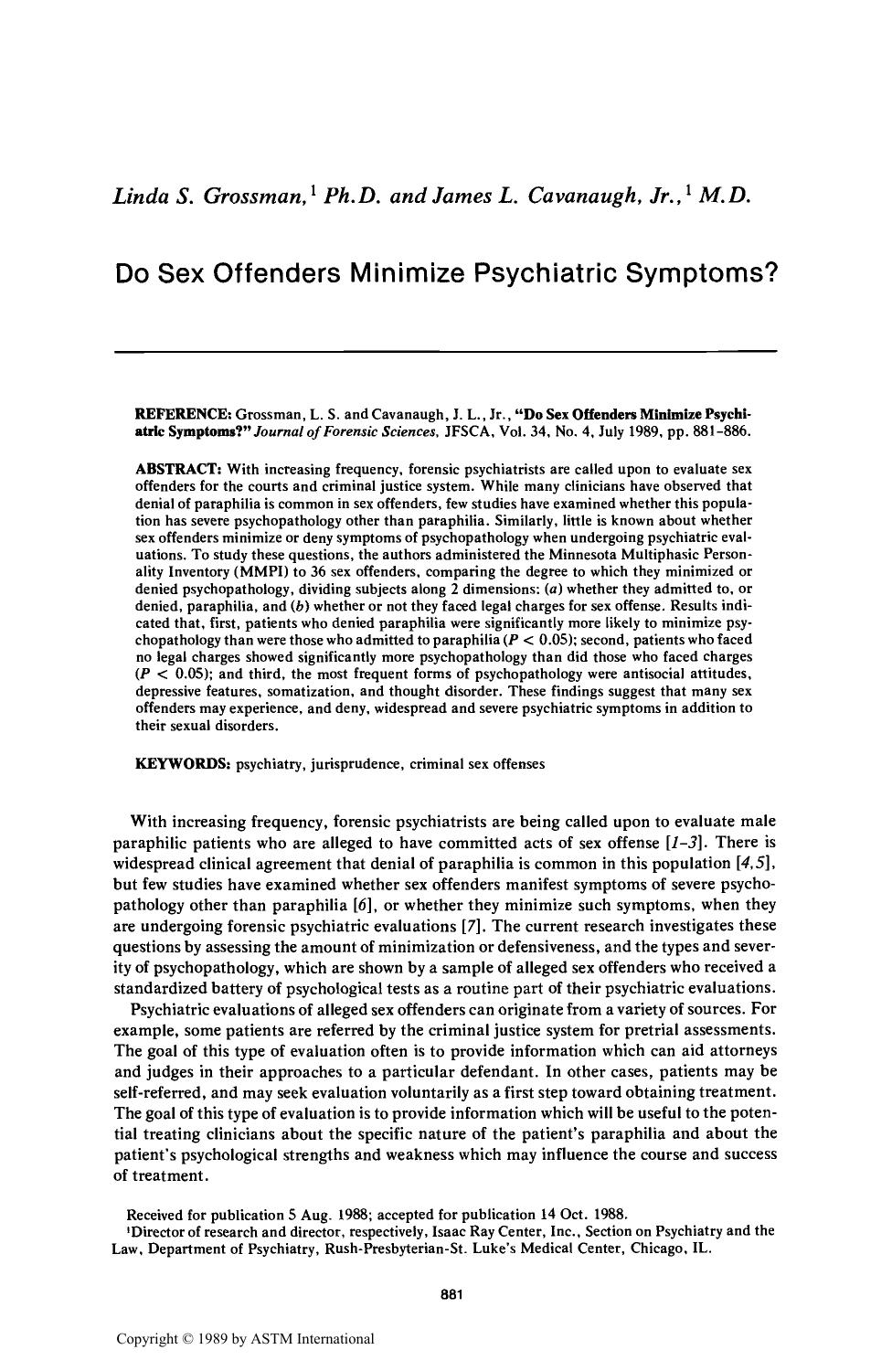 Do Sex Offenders Minimize Psychiatric Symptoms? by Grossman LS Cavanaugh JL Jr