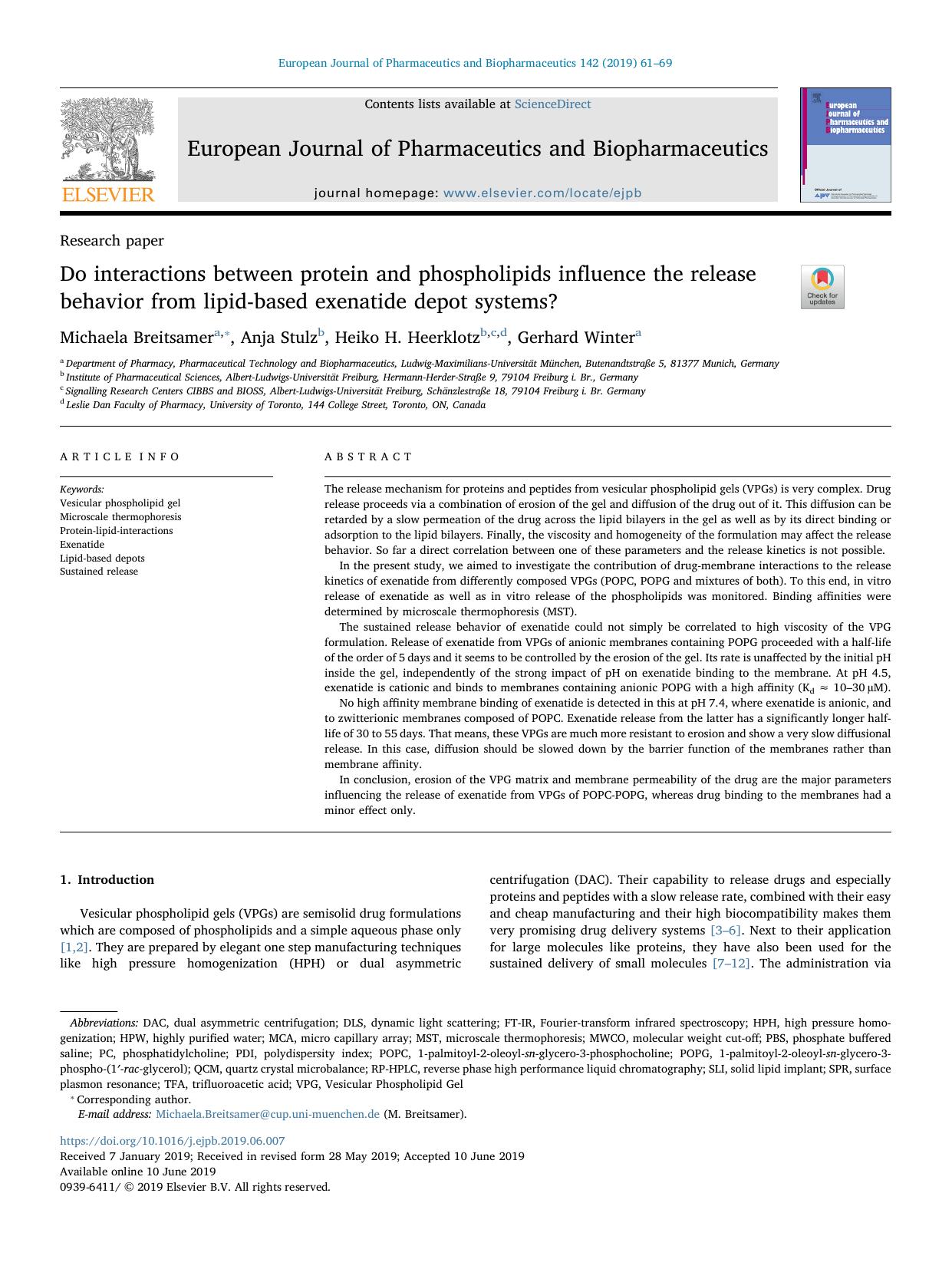 Do interactions between protein and phospholipids influence the release behavior from lipid-based exenatide depot systems? by Michaela Breitsamer & Anja Stulz & Heiko H. Heerklotz & Gerhard Winter