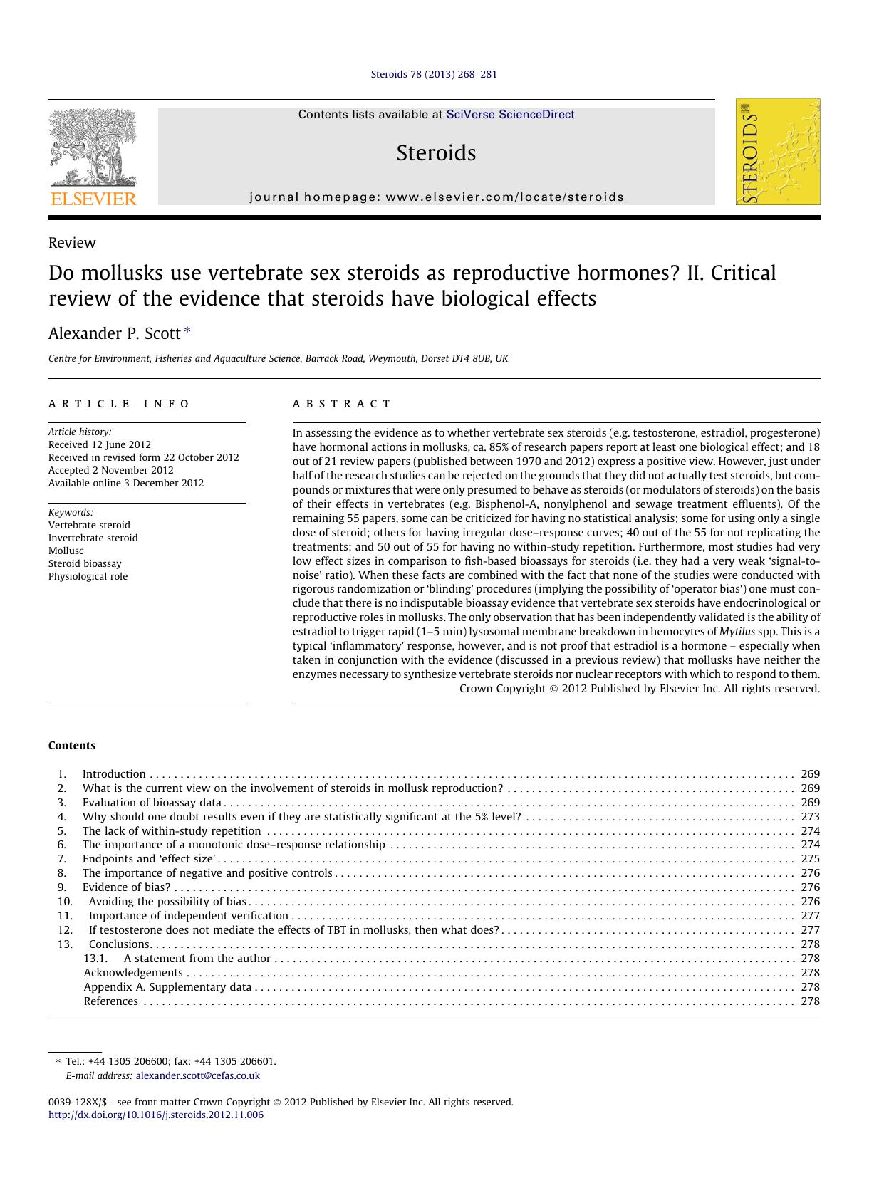 Do mollusks use vertebrate sex steroids as reproductive hormones? II. Critical review of the evidence that steroids have biological effects by Alexander P. Scott