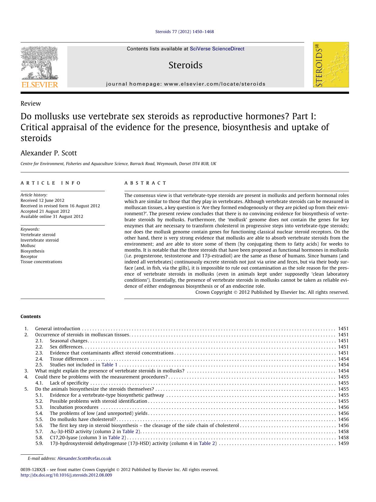 Do mollusks use vertebrate sex steroids as reproductive hormones? Part I: Critical appraisal of the evidence for the presence, biosynthesis and uptake of steroids by Alexander P. Scott