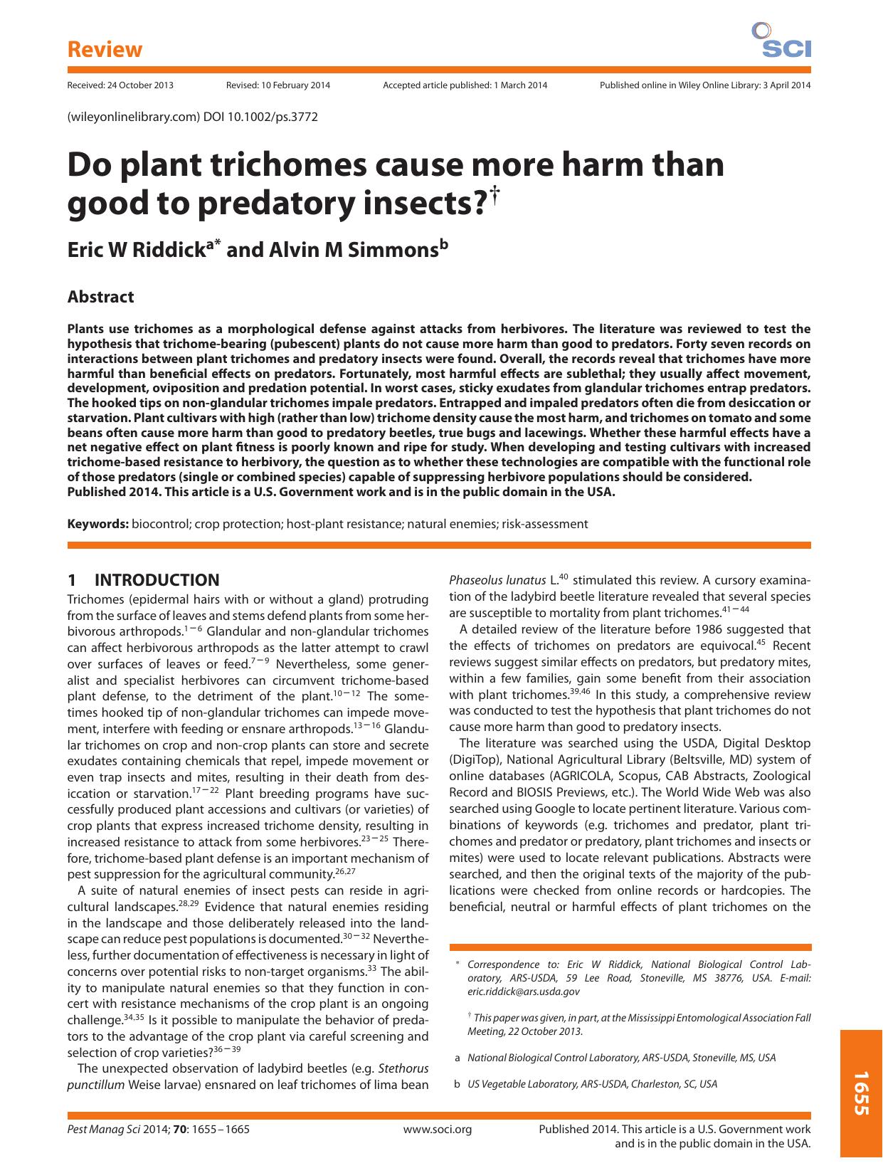 Do plant trichomes cause more harm than good to predatory insects?Ã¢â¬Â  by Unknown