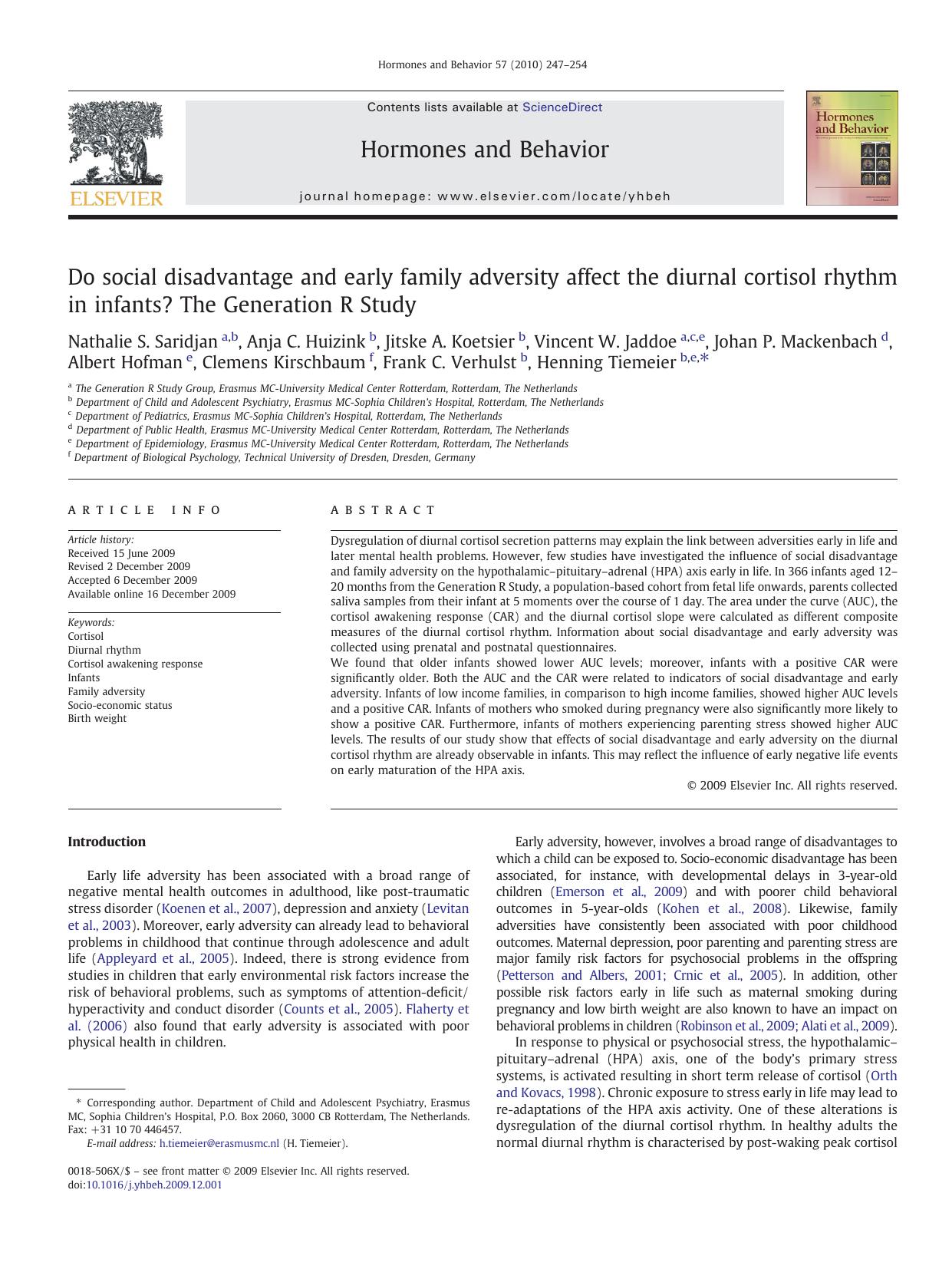 Do social disadvantage and early family adversity affect the diurnal cortisol rhythm in infants? The Generation R Study by unknow