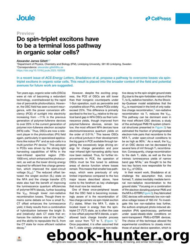 Do spin-triplet excitons have to be a terminal loss pathway in organic solar cells? by Alexander James Gillett
