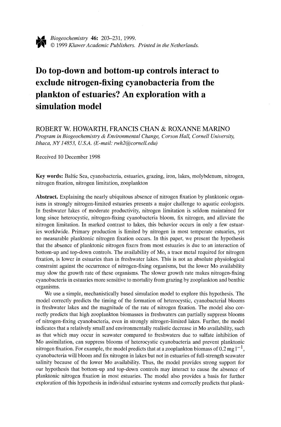 Do top-down and bottom-up controls interact to exclude nitrogen-fixing cyanobacteria from the plankton of estuaries? An exploration with a simulation model by Unknown