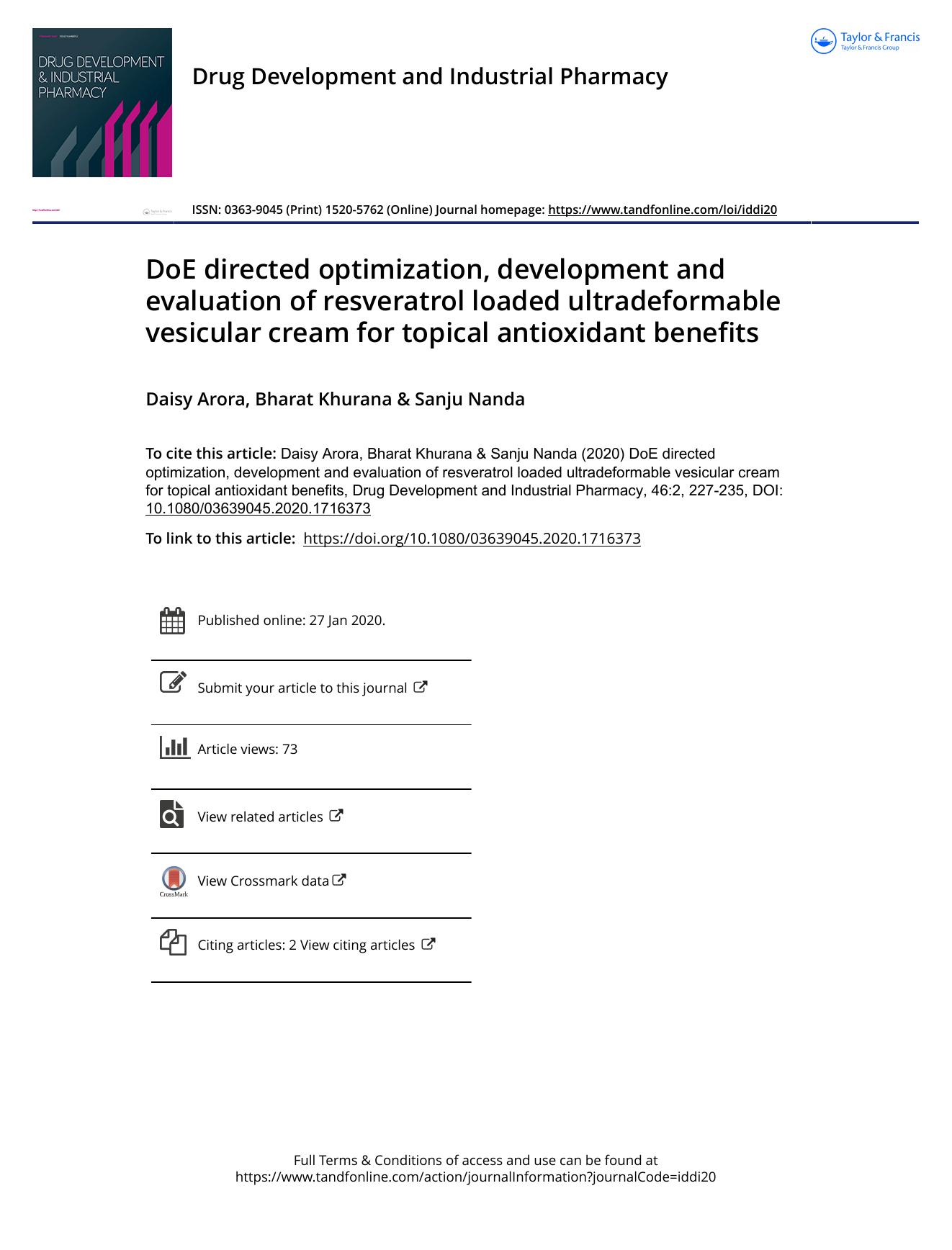 DoE directed optimization, development and evaluation of resveratrol loaded ultradeformable vesicular cream for topical antioxidant benefits by Arora Daisy & Khurana Bharat & Nanda Sanju