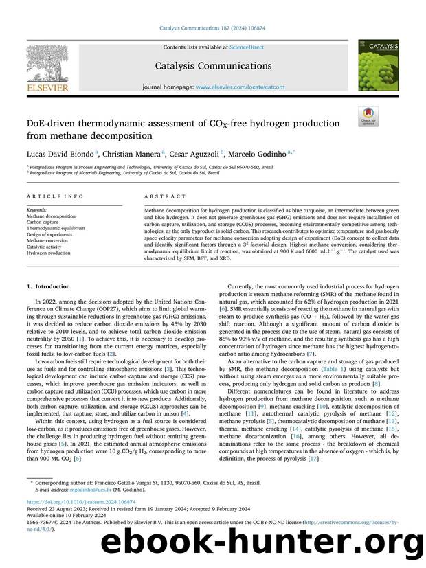 DoE-driven thermodynamic assessment of COX-free hydrogen production from methane decomposition by Lucas David Biondo & Christian Manera & Cesar Aguzzoli & Marcelo Godinho