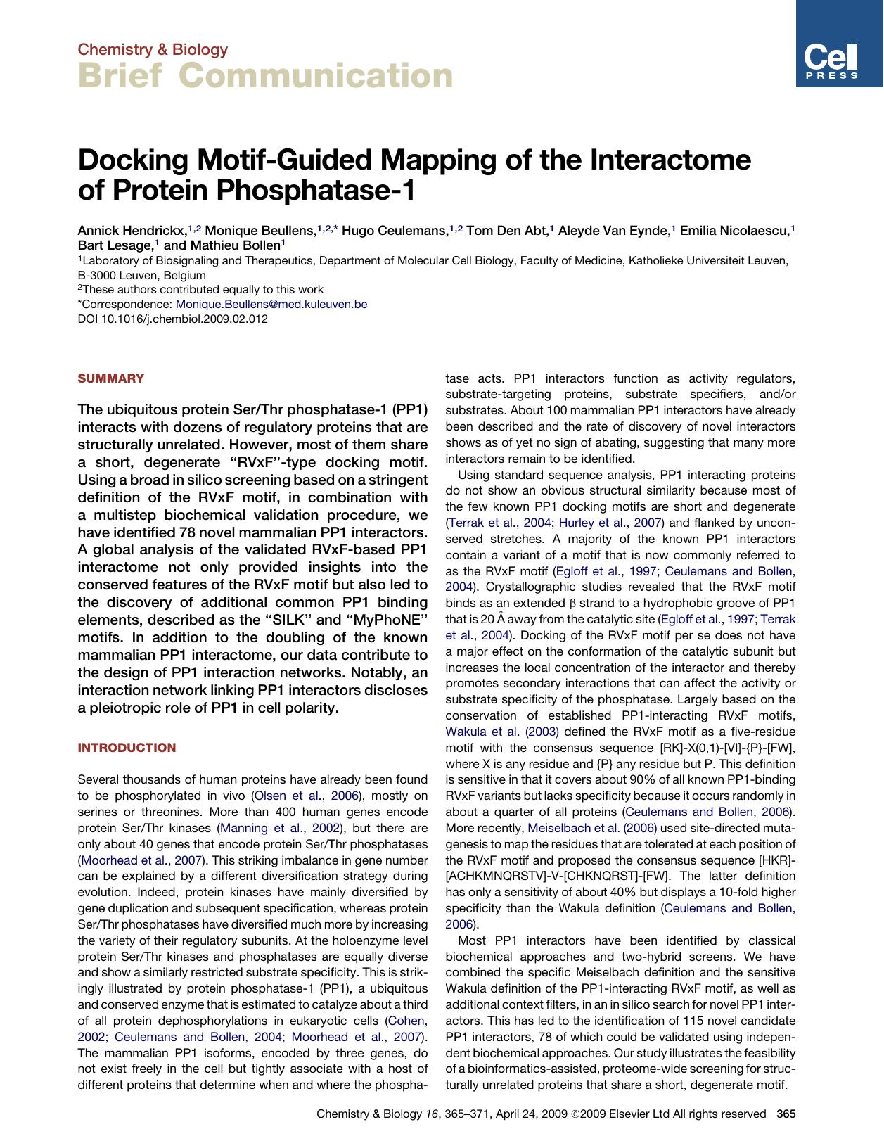 Docking Motif-Guided Mapping of the Interactome of Protein Phosphatase-1 by unknow