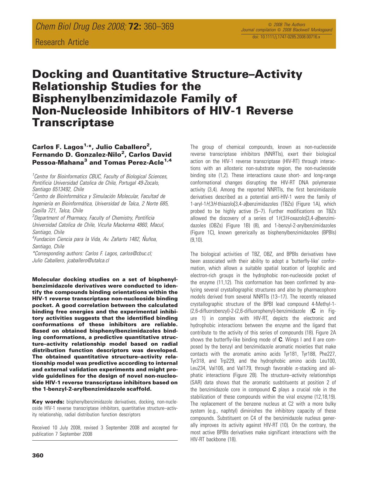 Docking and Quantitative Structure–Activity Relationship Studies for the Bisphenylbenzimidazole Family of Non-Nucleoside Inhibitors of HIV-1 Reverse Transcriptase by unknow