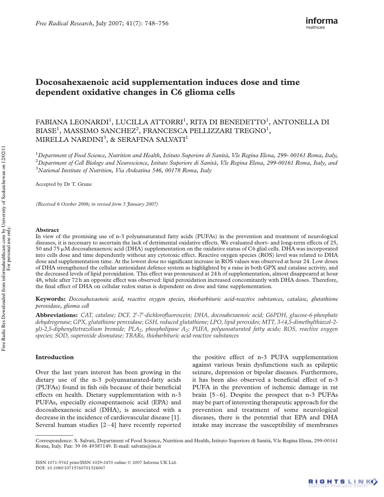 Docosahexaenoic acid supplementation induces dose and time dependent oxidative changes in C6 glioma cells by unknow
