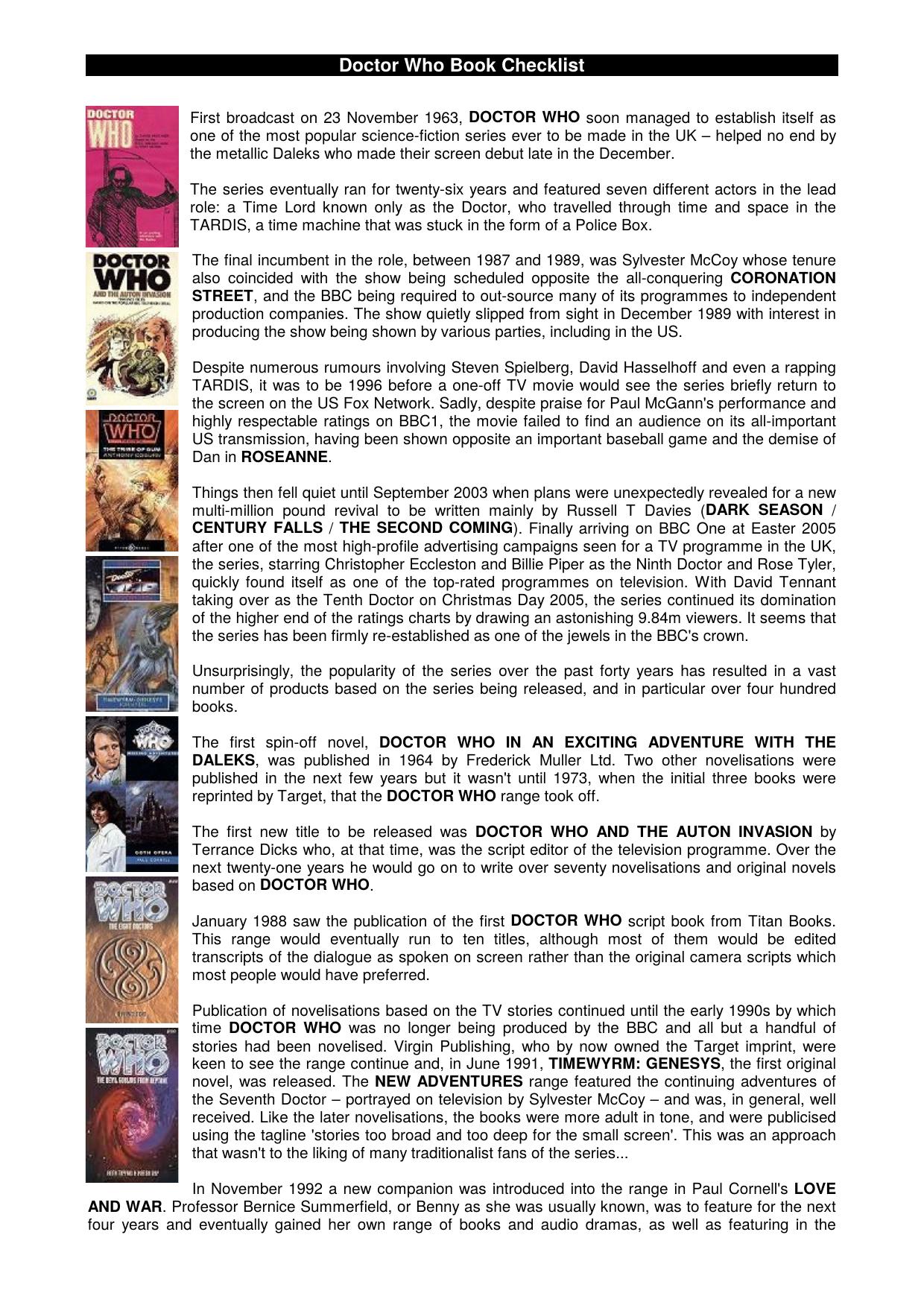 Doctor Who Book Checklist by Kieran Seymour - kieran.seymour@ntlworld.com