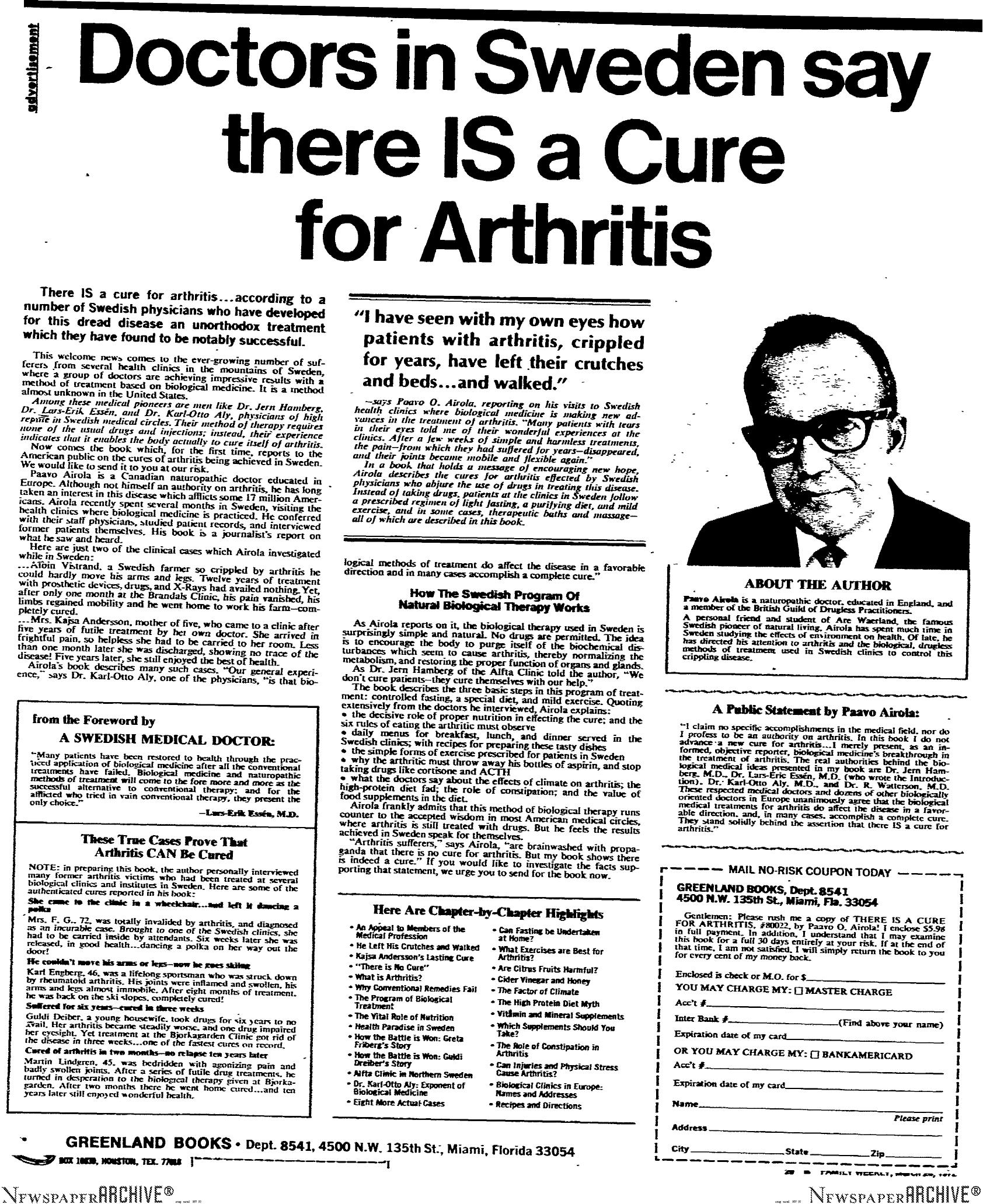 Doctors In Sweden Say There IS A Cure For Arthritis by Copyright 2005 Heritage Microfilm Inc. & Newspaperarchive.com