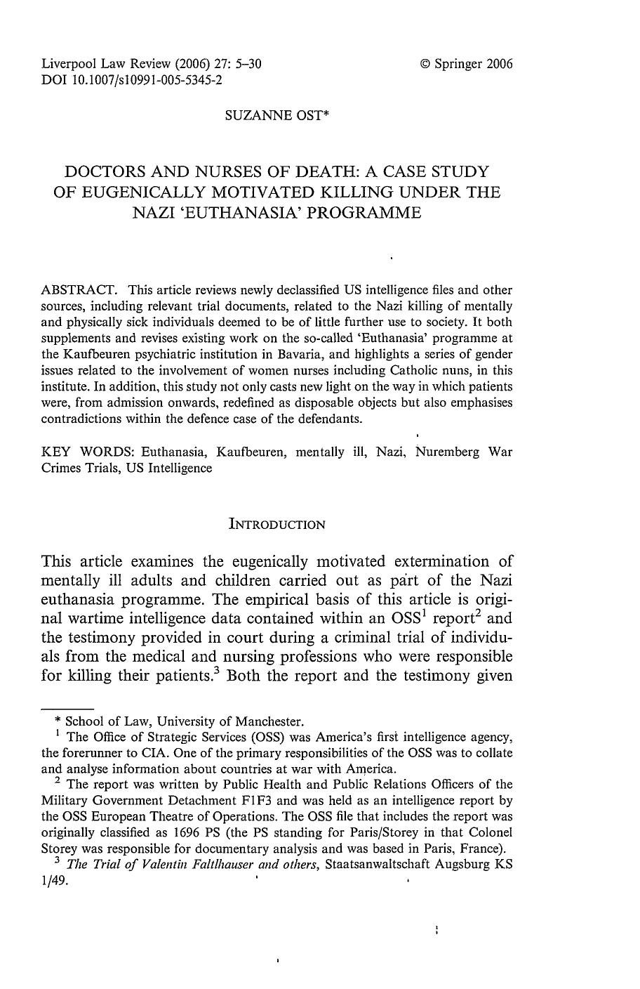 Doctors and Nurses of Death; A Case Study of Eugenically Motivated Killing Under the Nazi 'Euthanasia' Programme by Unknown