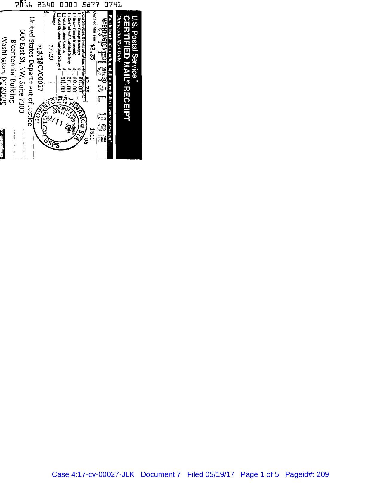 Document 7-Service Return For USMS On US DOJ by Unknown
