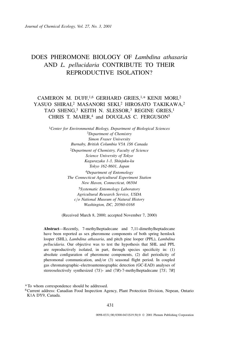 Does Pheromone Biology of Lambdina athasaria and L. pellucidaria Contribute to Their Reproductive Isolation? by Unknown