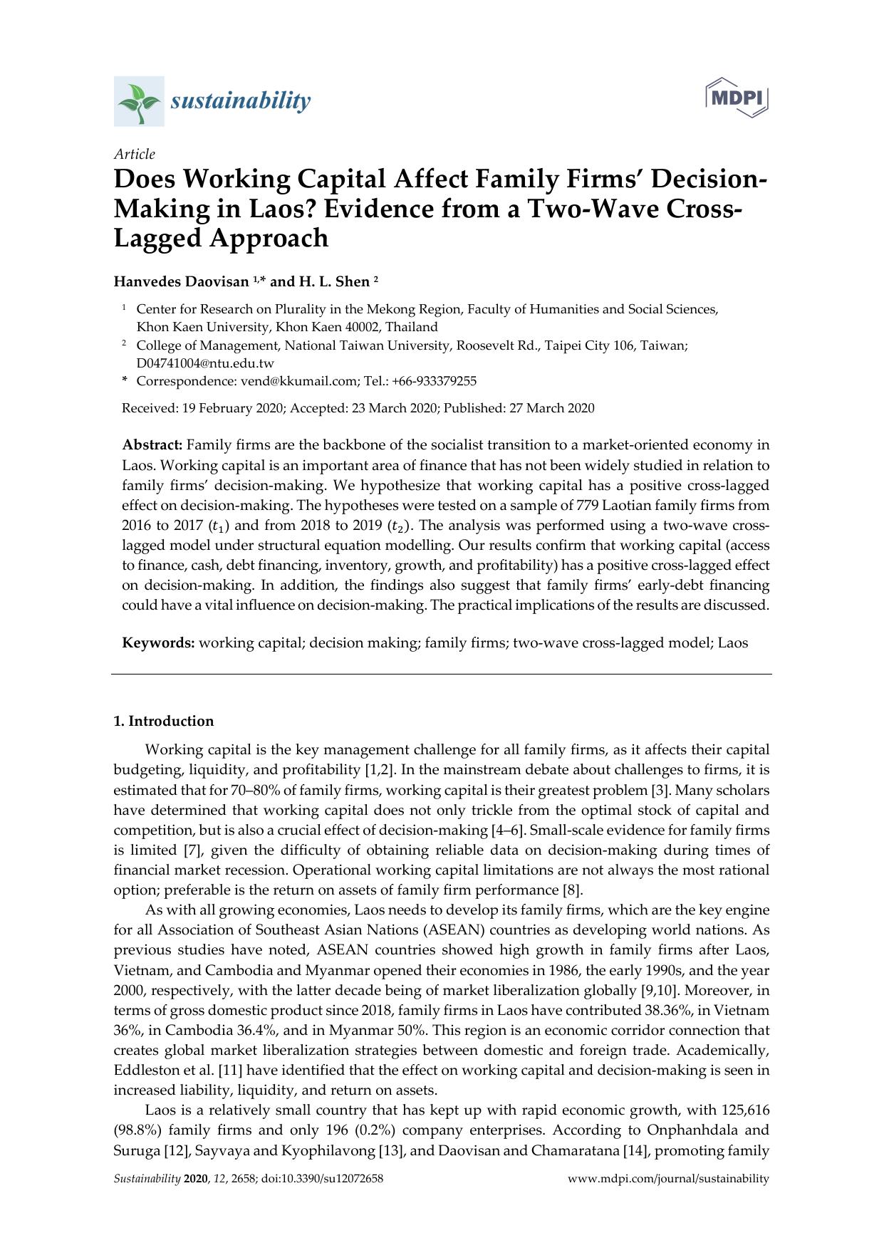 Does Working Capital Affect Family Firmsâ Decision- Making in Laos? Evidence from a Two-Wave Cross- Lagged Approach by Hanvedes Daovisan