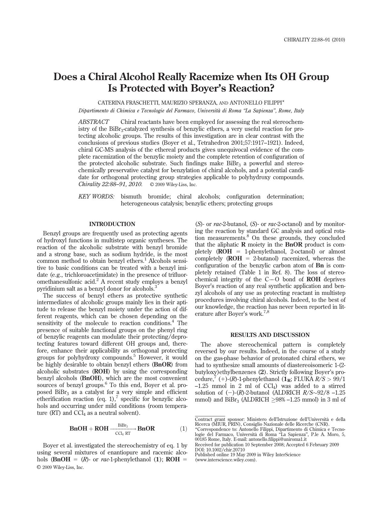 Does a chiral alcohol really racemize when its OH group is protected with Boyer's reaction? by Unknown