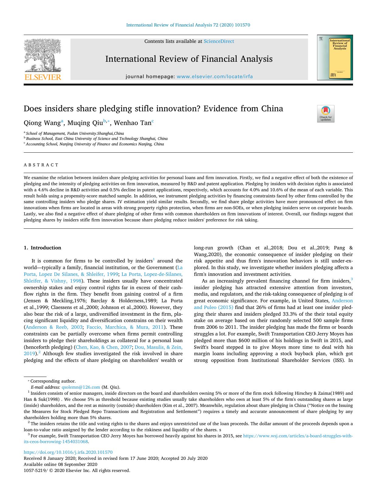 Does insiders share pledging stifle innovation? Evidence from China by Qiong Wang