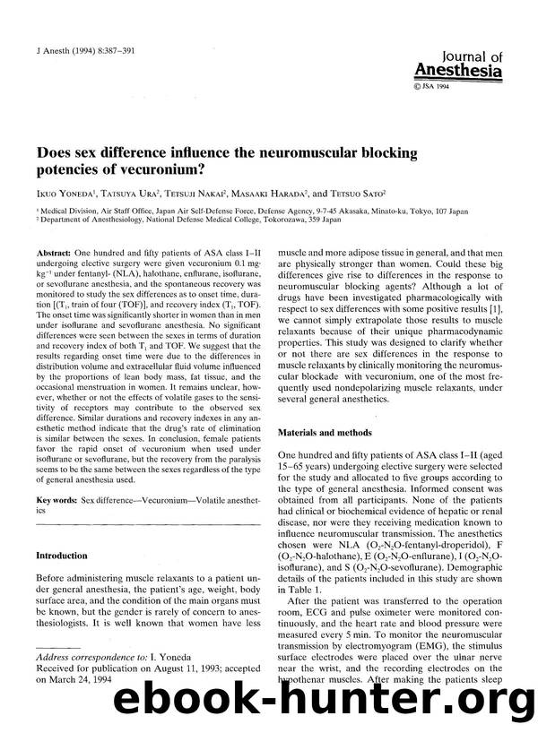 Does sex difference influence the neuromuscular blocking potencies of vecuronium? by Unknown