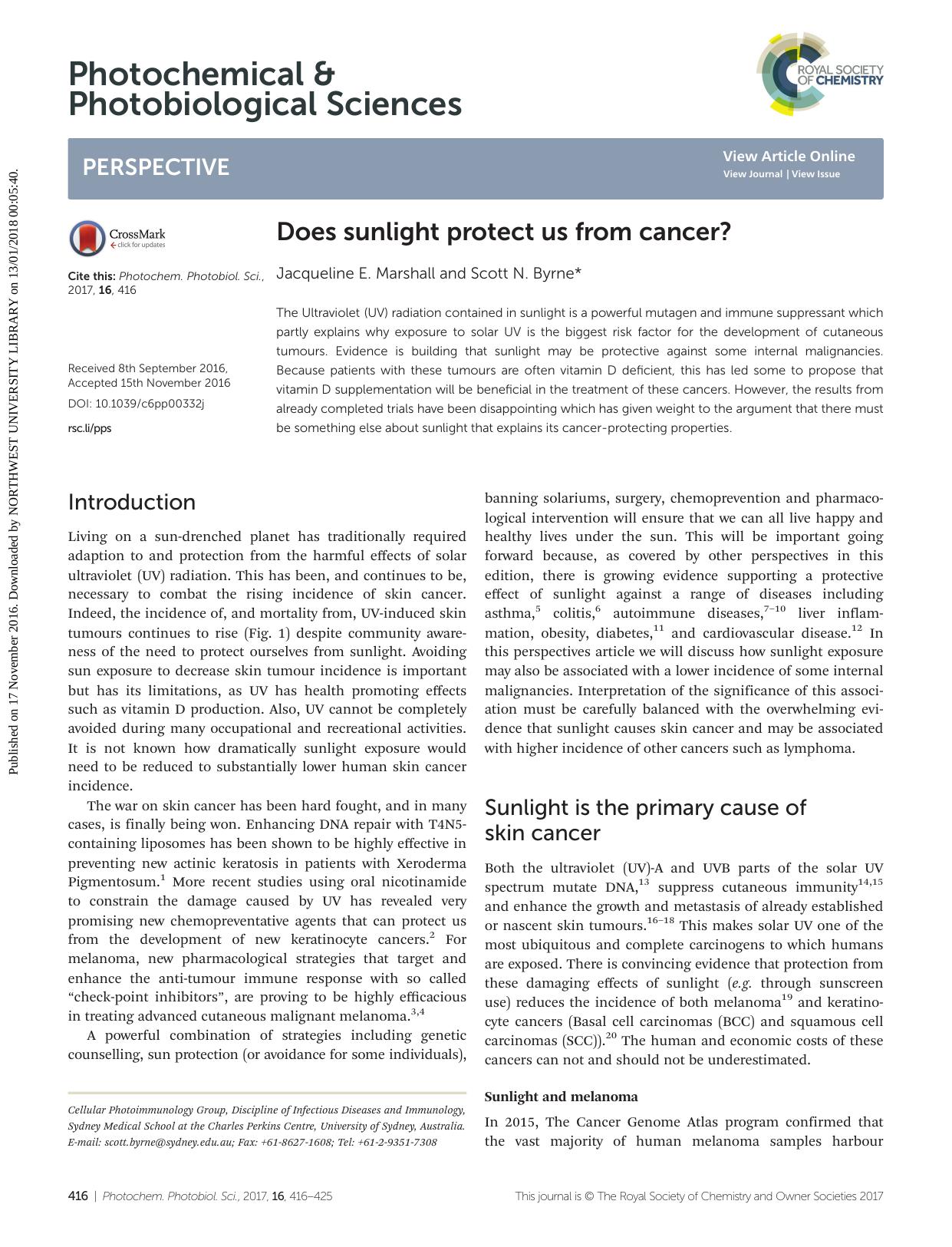 Does sunlight protect us from cancer? by Jacqueline E. Marshall Scott N. Byrne