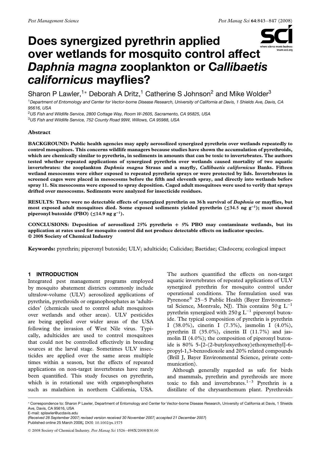 Does synergized pyrethrin applied over wetlands for mosquito control affect Daphnia magna zooplankton or Callibaetis californicus mayflies? by Unknown