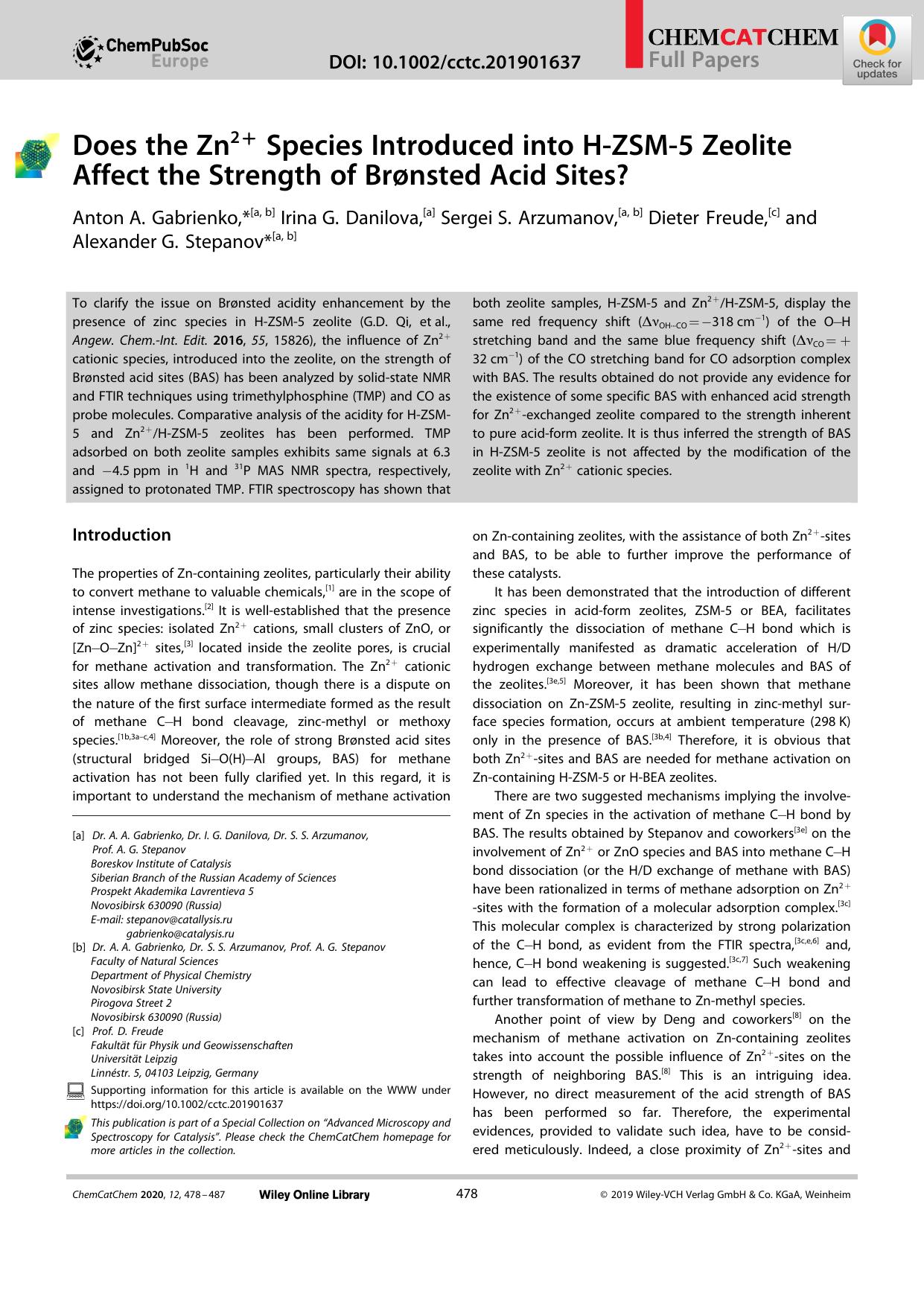 Does the Zn2+ Species Introduced into HâZSMâ5 Zeolite Affect the Strength of BrÃ¸nsted Acid Sites? by Unknown