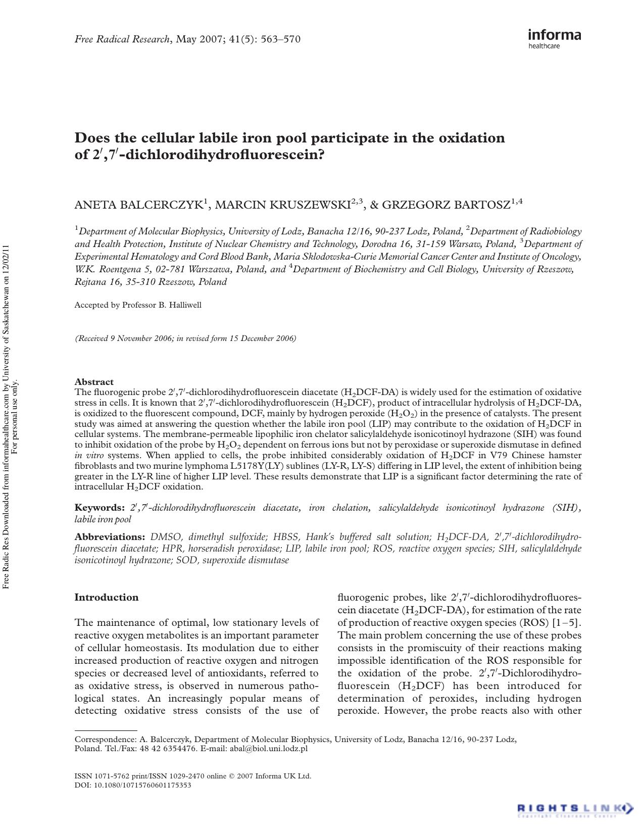 Does the cellular labile iron pool participate in the oxidation of 2â²,7â²-dichlorodihydrofluorescein? by Aneta Balcerczyk1† Marcin Kruszewski3 & Grzegorz Bartosz4