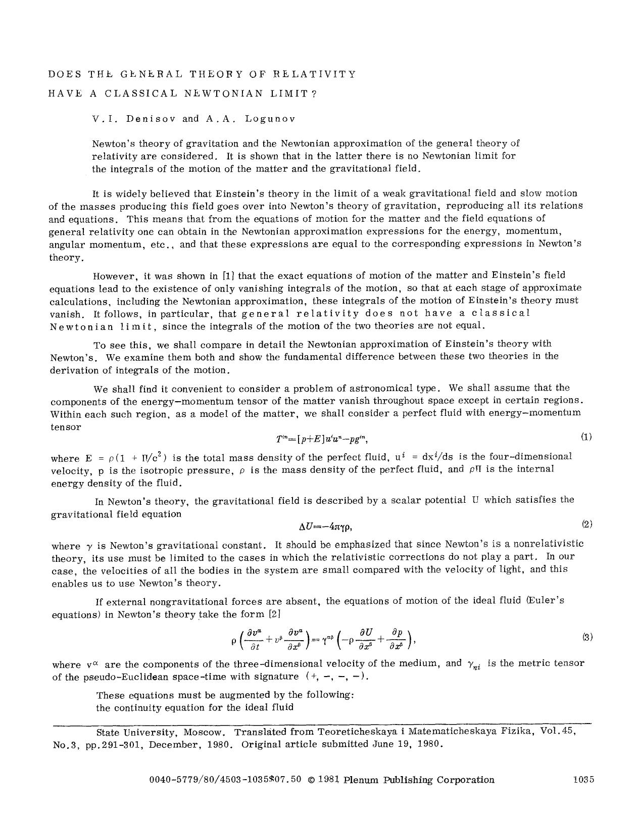 Does the general theory of relativity have a classical Newtonian limit? by Unknown