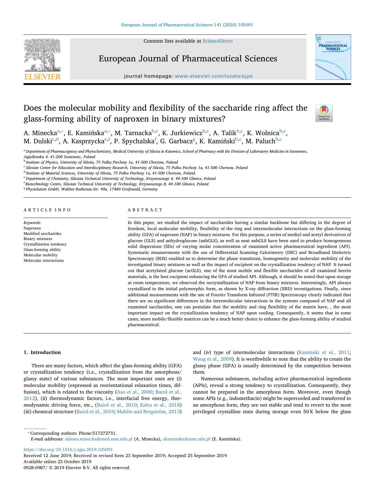 Does the molecular mobility and flexibility of the saccharide ring affect the glass-forming ability of naproxen in binary mixtures? by unknow